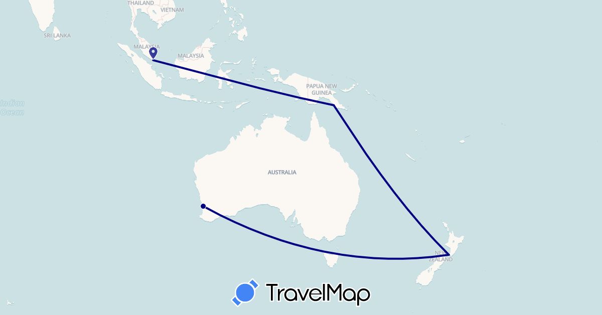 TravelMap itinerary: driving in Australia, New Zealand, Papua New Guinea, Singapore (Asia, Oceania)
